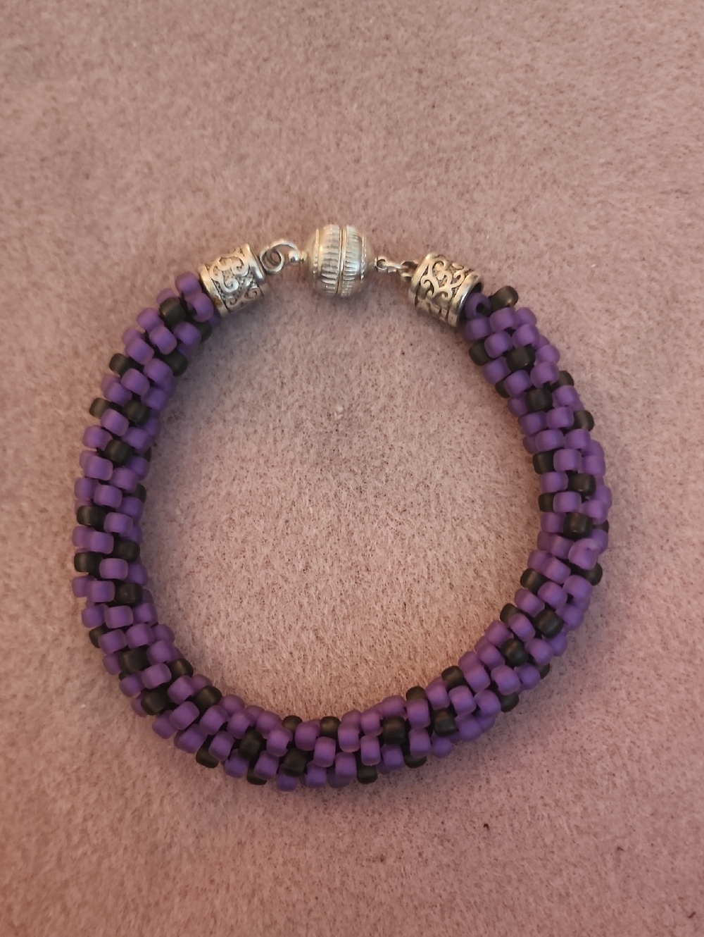 Kumihimo Purple and Black Beaded Bracelet with Silver Magnetic Clasp Handmade